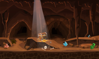 Treasure cave with chest gold coins, gems. Concept, art for computer game. Background image to use games, apps, banners, graphics. Vector cartoon illustration