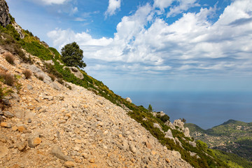 Serra de Tramuntana, mountain, stones, tree, water and clouds, Mallorca