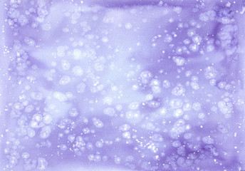 Winter snowfall texture on purple background. Hand drawn watercolor illustration.
