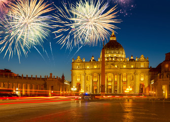 Naklejka premium St. Peter's square and cathedral in Rome at night with fireworks, Italy