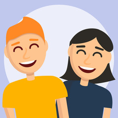Smiling boy and girl concept background. Cartoon illustration of smiling boy and girl vector concept background for web design