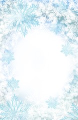 Winter snow and snowflake border frame for invitation, greeting card, poster, background in soft colors