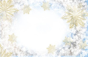 Winter snow and snowflake border frame for invitation, greeting card, poster, background in soft colors