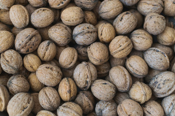 Natural walnut background pattern texture Abstract walnuts heap pattern background Blurred edges frame Natural food in-shell nuts walnuts pattern backdrop Walnuts in shell background dramatic contrast