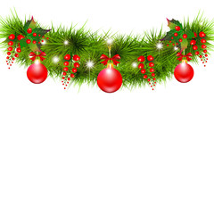 Christmas garland with poinsettia and cotton flowers, isolated on a white