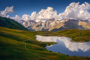 Fototapeta na wymiar Beautiful mountain landscape view of Koruldi lakes in Svaneti, Country of Georgia