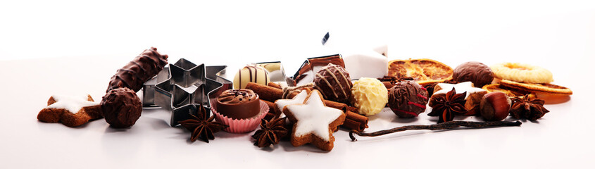 Baking christmas cookies. chocolate, cinnamon stars and spices.