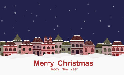  Christmas greeting card banner background with winter landscape and houses.  vector illustration