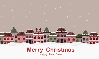  Christmas greeting card banner background with winter landscape and houses.  vector illustration
