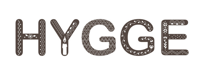 Vector Hygge lettering. Text with doodle ornament in Scandinavian style.