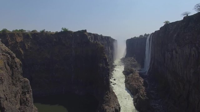 Inside the canyon of Victoria Falls in dry season, drone shot
