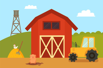 Obraz na płótnie Canvas Farm Building with Animals Vector Illustration