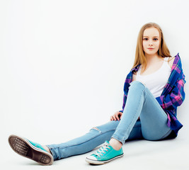 young pretty stylish hipster girl posing emotional isolated on w