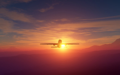Fototapeta na wymiar Big airliner flying at sunset or sunrise over a beatiful landscape of mountains. 3D illustration