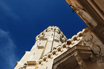 Hluboka Castle Courtyard. Unusual view to the sky.
