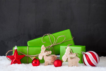 Green Christmas Gifts, Snow, Copy Space, Black Background