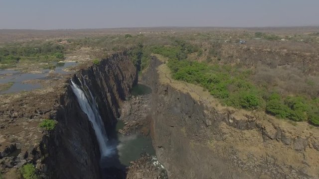 View from the air of the canyon and a waterfall at Victoria Falls in Zambia