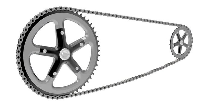 Bicycle chain with gears in motion, animation. 3D rendering isolated on white background