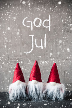 Red Gnomes, Cement, Snowflakes, God Jul Means Merry Christmas