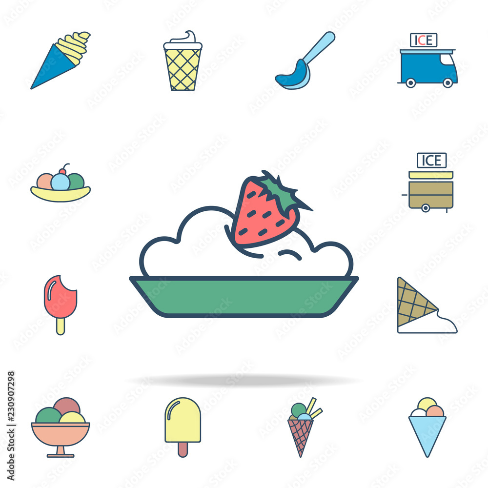 Poster ice cream with strawberries in plate colored icon. ice cream icons universal set for web and mobile