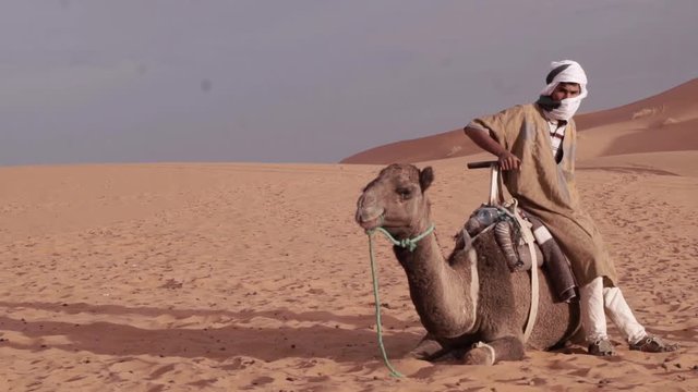 moroocan man in sahara desert with his camel