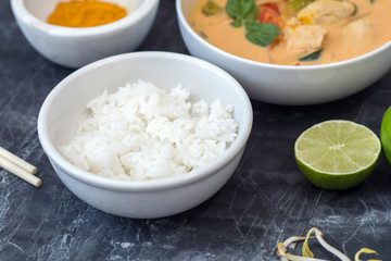 cooking thai curry and rice in the kitchen with rice