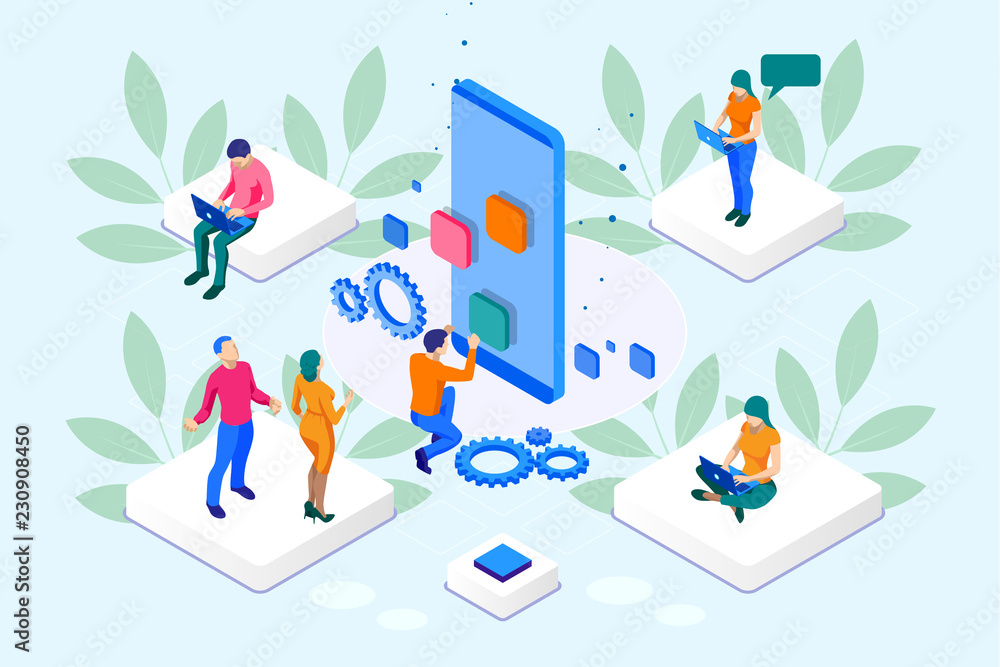 Poster isometric seo optimization and analytics team modern landing page design concept.