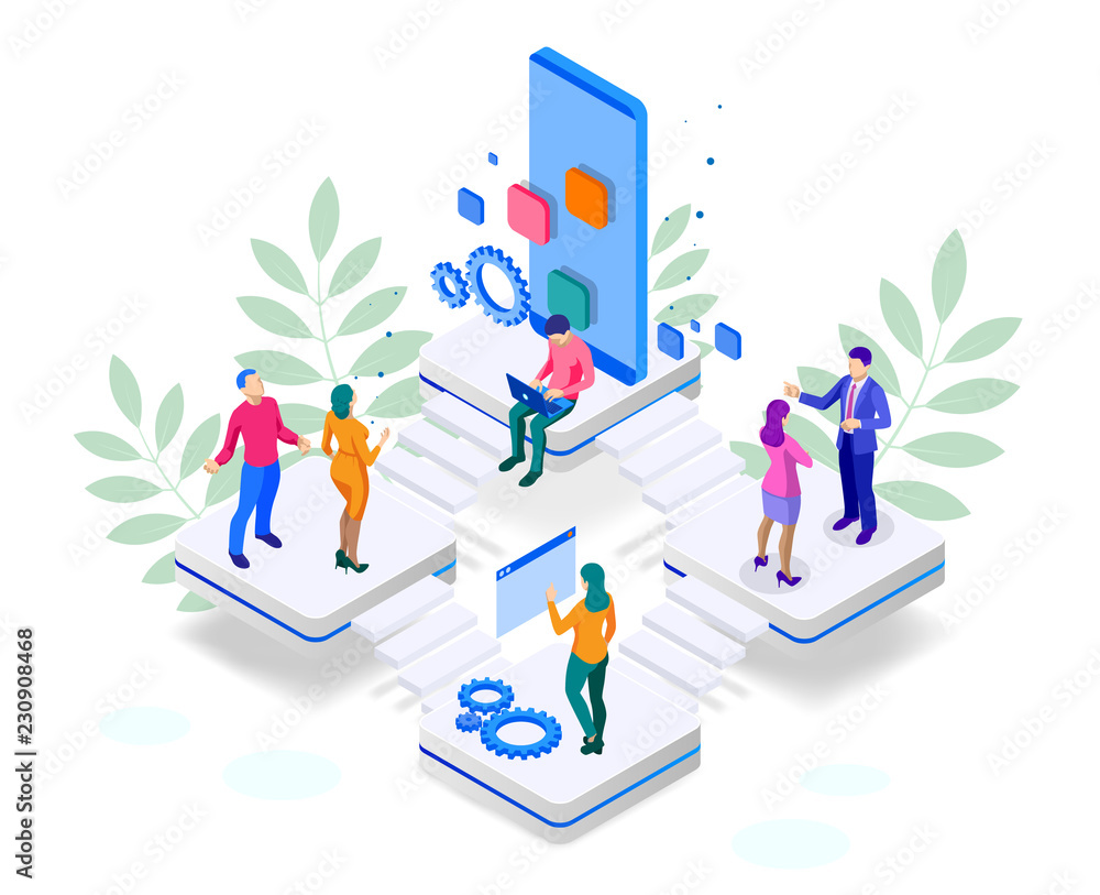 Aufkleber isometric seo optimization and analytics team modern landing page design concept.