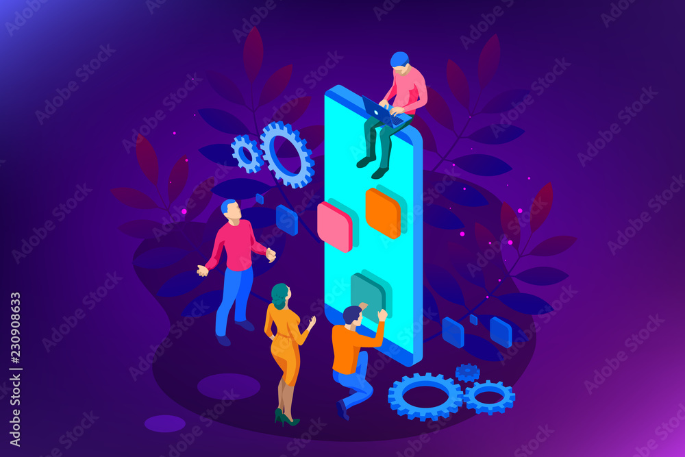 Poster isometric seo optimization and analytics team modern landing page design concept.