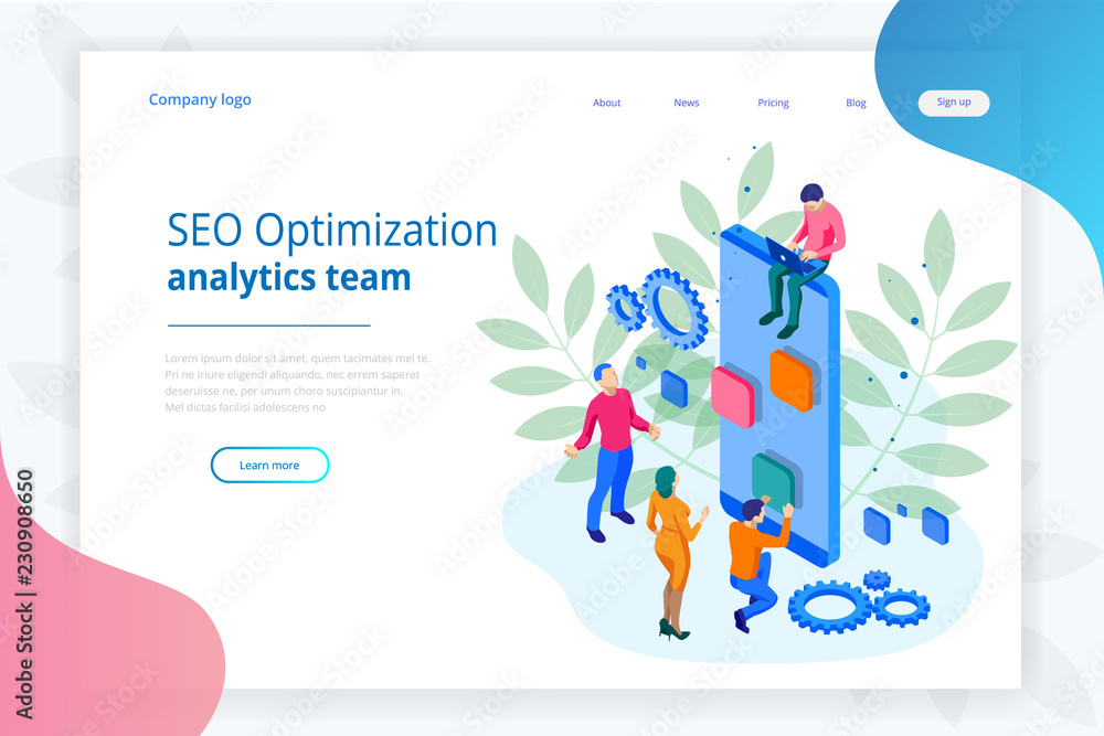 Aufkleber isometric seo optimization and analytics team modern landing page design concept.