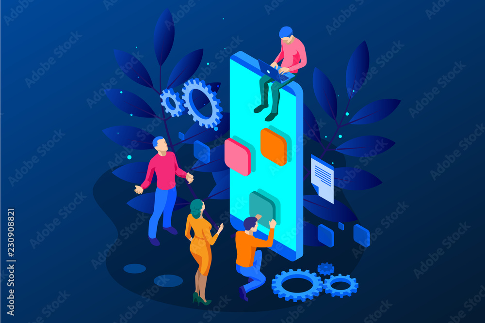Aufkleber isometric seo optimization and analytics team modern landing page design concept.