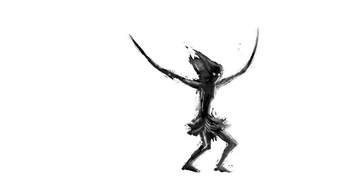 Warrior girl fights with two sabers. Creepy battle witch. 2D animation horror fantasy genre. Scary animated backdrop movie. Motion graphics for VJ loops and music clips. Black and white background.
