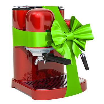Red coffeemaker with green ribbon and bow. 3D rendering