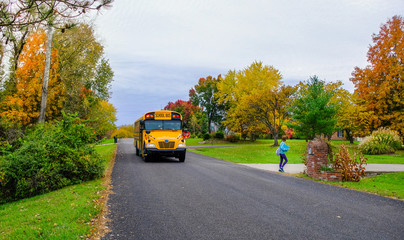 Fototapeta na wymiar Girl leaving school bus and walking home in Midwestern suburb in the fall 