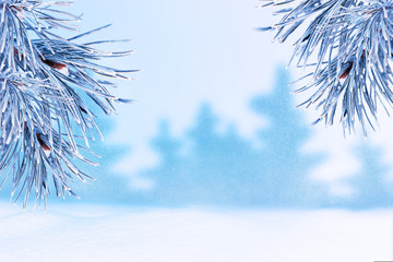 Winter landscape with snow. Christmas background with fir branch and Christmas ball.Merry Christmas...