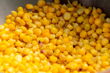 Cooked yellow corn grains, organic product to accompany hot drinks, atoles in Guatemala, Central America. Zea mays