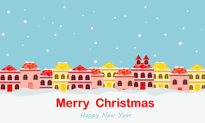  Merry Christmas greeting card, banner with colorful winter landscape village and houses, vector illustration