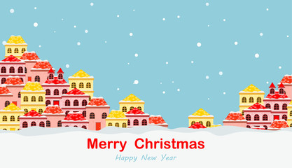 Merry Christmas greeting card, banner with colorful winter landscape village and houses, vector illustration