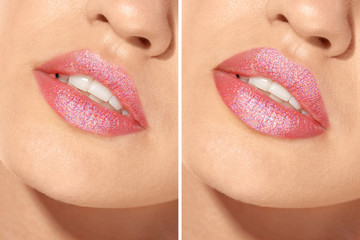 Beautiful young model with beautiful lips makeup on white background