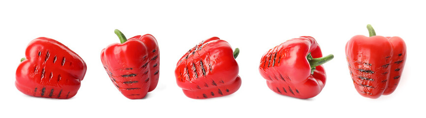 Set of grilled red bell peppers on white background