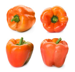 Set of orange bell peppers on white background