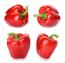 Set of red bell peppers on white background