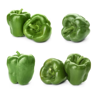 Set of green bell peppers on white background