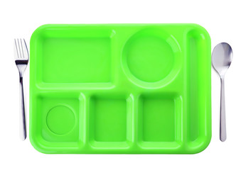 Empty plastic tray on white background, top view. School lunch