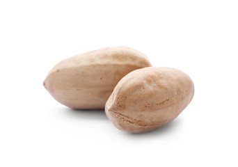 Obraz premium Pecan nuts in shell on white background. Nutritive food
