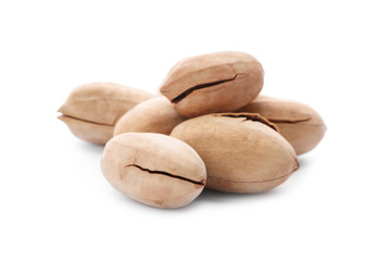 Heap of pecan nuts in shell on white background