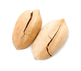 Pecan nuts in shell on white background, top view. Nutritive food