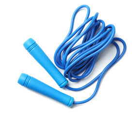 Jump rope on white background, top view. Sports equipment