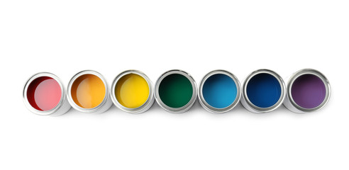 Row of paint cans on white background, top view