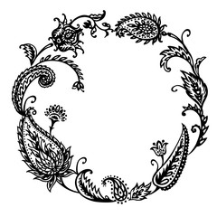 Round frame in a boho style paisley pattern. Traditional decorative ornament, buta, mehendi, black and white vector illustration.